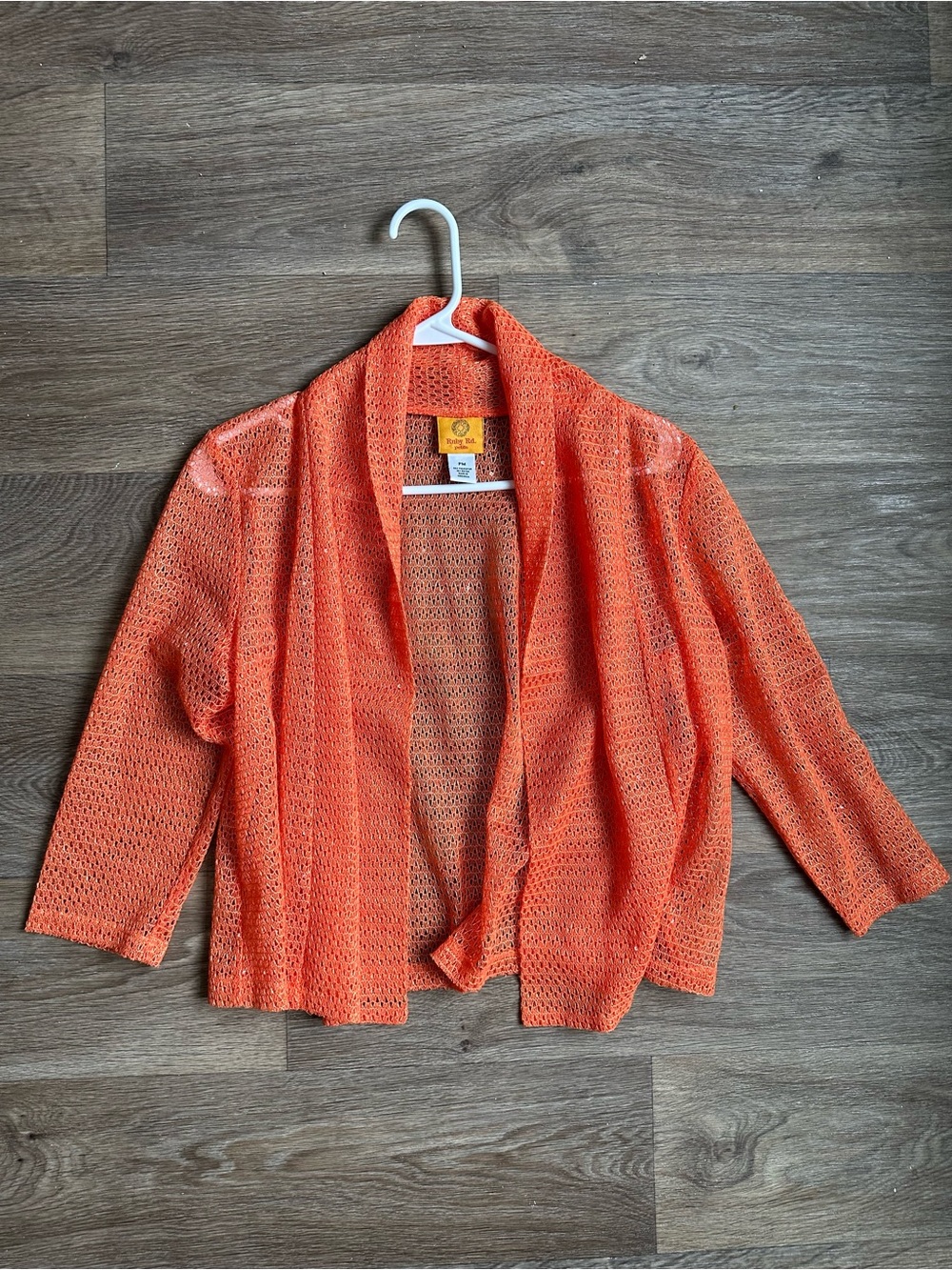 Ruby Rd. Petite Medium PM Orange Mesh Open Front Cardigan Sweater 3/4 Sleeve